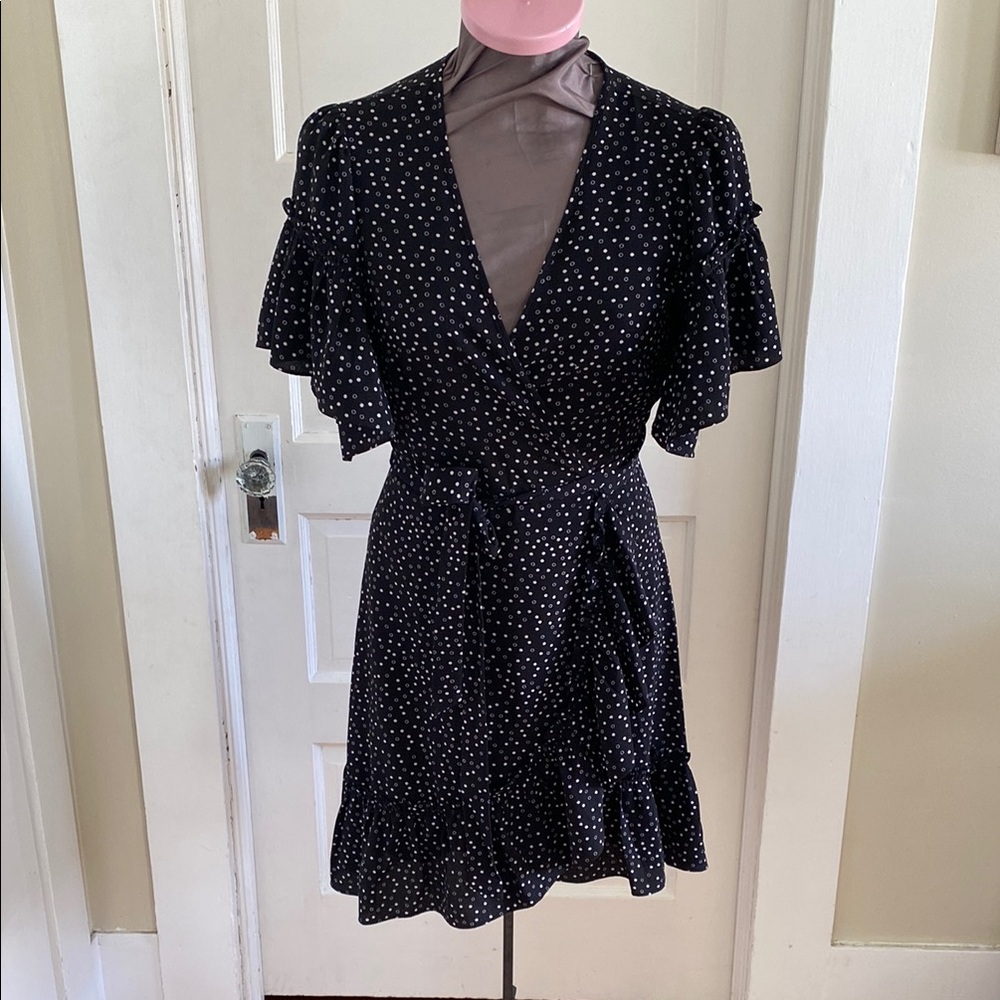 Max Studio Black White Polka Dot Short Sleeve‎ Wrap Dress XS